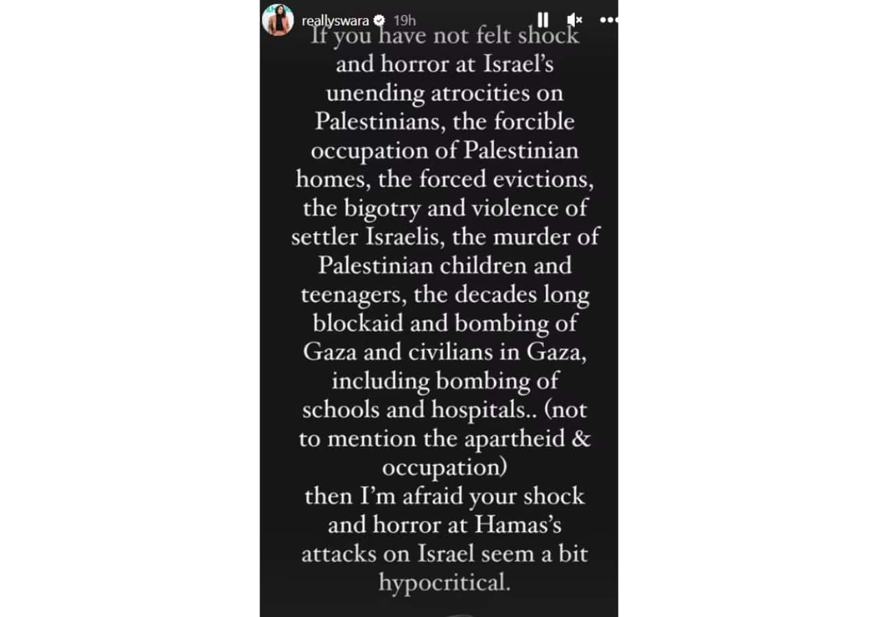 Swara Bhaskar on Israel Palestine War