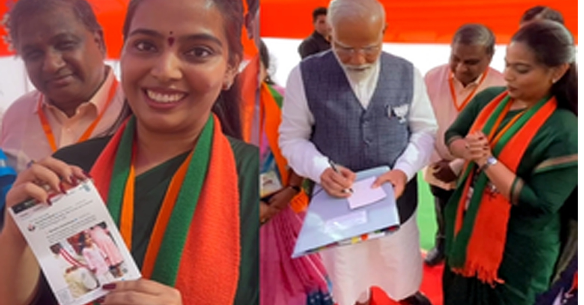 तेलंगाना में मंच पर PM मोदी ने पार्टी कार्यकर्ता को ऑटोग्राफ देकर उनकी बेटी को दिया आशीर्वाद