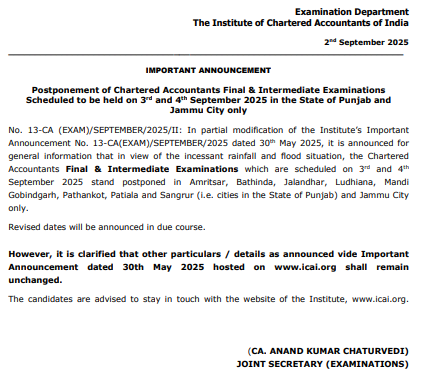 ICAI Exams 2025 Postponed